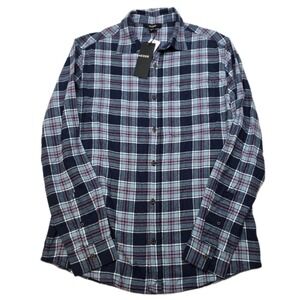 HEDGE Flannel Shirt Mens Large Blue Plaid Long Sleeve Button Up‎ NEW